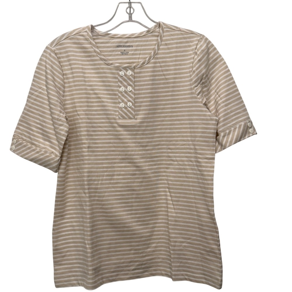 Appleseed's Womens Tan White Striped Cotton Henley Short Sleeve Top Size S